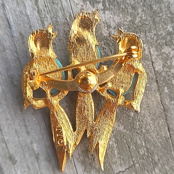 JJ Jonette Birds Brooch Pin Blue Topaz-like Bodies Ruby Rhinestone Eyes 1970s - Picture 6 of 7